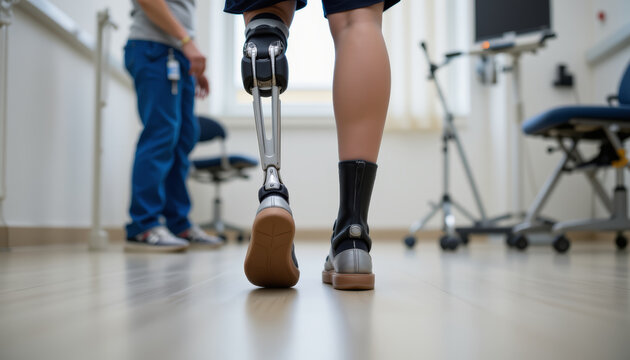 Closeup of leg prosthesis walking in rehabilitation room with therapist in background showing determination and progress - Powered by Adobe