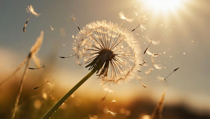 Obraz premium Dandelion seed floating through a sunbeam, dandelion in the sun and wind