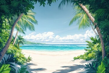 Lush tropical beach scene with palm trees.
