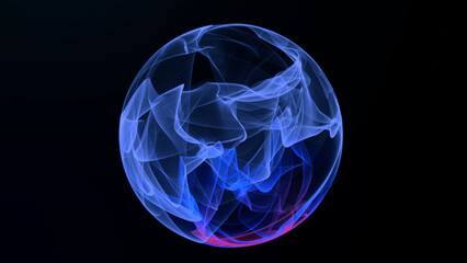 Abstract glowing energy sphere made of smooth light ribbons, futuristic transparent ball with flowing waves and particles, seamless 4K loop for sci-fi, tech, digital, motion design and virtual visual
