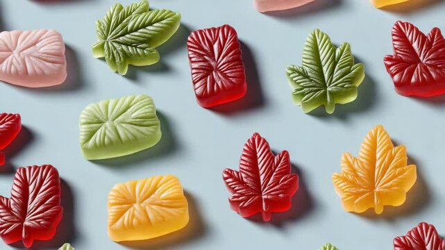 THC product concept ,Colorful gummy candy treats shaped like leaves and flowers create sweet and vibrant display of flavors.
