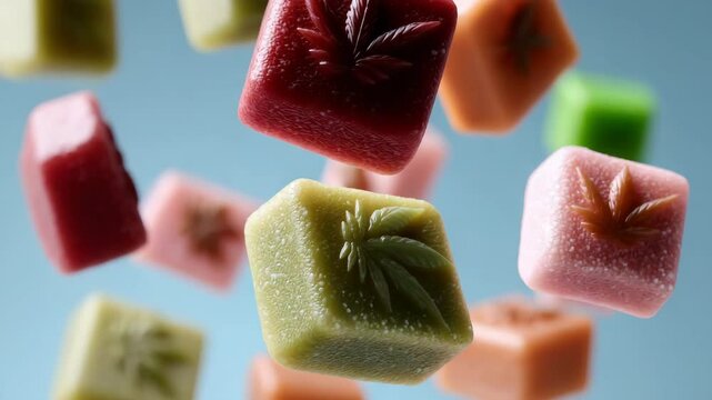 THC product concept ,Colorful gummy candy floating playful shapes and flavors against soft blue background, sweet dessert delight.