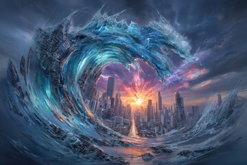 A gigantic wave driven by the tide is nearing the beach town, forming a calamitous natural landscape