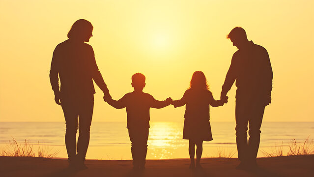 Silhouette of Family Holding Hands in Unity Depicting Bonding and Togetherness