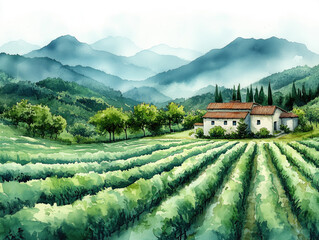 Vineyard landscape under the mountains with a rustic farmhouse during daytime