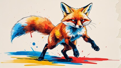 Colorful watercolor drawing of a fox on the prowl, captured in a dynamic action pose.