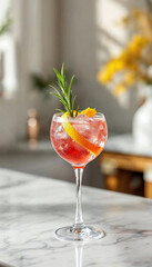 Elegant cocktail in crystal glass on marble, with vibrant colors and soft natural light.









