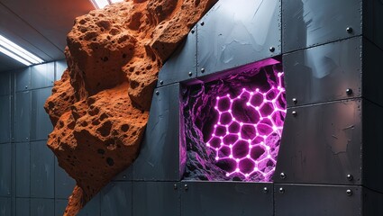 Futuristic Space Station Wall with Orange Rock Formation and Glowing Purple Crystals