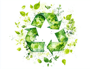 Recycling symbol surrounded by green leaves and plants illustrating sustainability concept