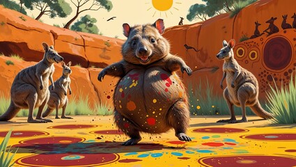 Cartoon Quokka with Kangaroos in an Australian Outback Setting