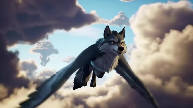 Animated wolf flying above fluffy clouds fantasy animal illustration for children