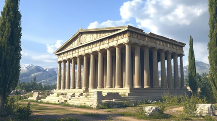 Ancient Greek Temple Majestically Set Against Mountainous Landscape