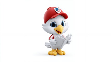 Adorable White Bird Cartoon Character Reading a Book
