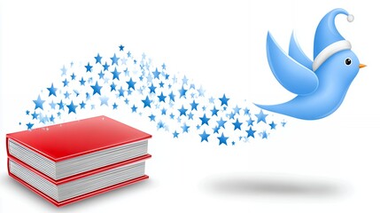 Blue Bird with Santa Hat Flying with Stars Above Red Book Stack