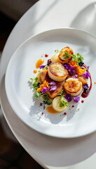 Elegant fine dining dish with scallops and microgreens on matte white plate, minimalistic style.









