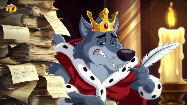 Animated wolf king overwhelmed by documents illustrative character design