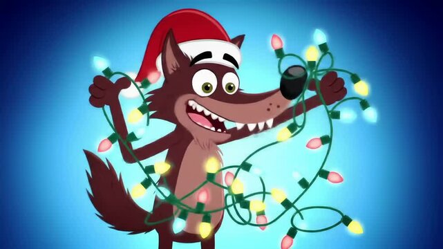 Animated wolf in santa hat decorating with christmas lights illustration