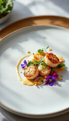 Elegant fine dining dish with scallops and microgreens on matte white plate, minimalistic style.









