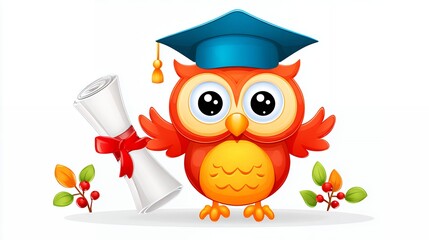 Cute Orange Cartoon Owl Graduation with Diploma and Cap