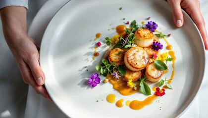 Elegant fine dining dish with scallops and microgreens on matte white plate, minimalistic style.









