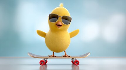 Cute Yellow Chick on Skateboard Wearing Sunglasses