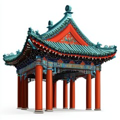 Naklejka premium Intricate Red and Teal Chinese Pavilion Illustration