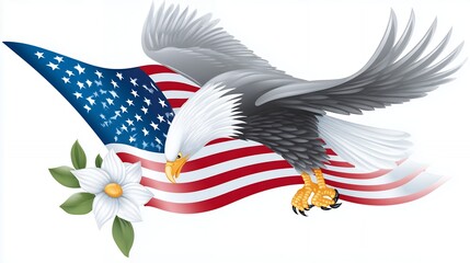 Majestic Bald Eagle Soaring with American Flag and White Flower
