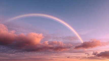 Rainbow over the Clouds: A vibrant rainbow arches gracefully across the sky, painting a vivid arc over fluffy, sun-kissed clouds, creating a scene of peace and optimism.