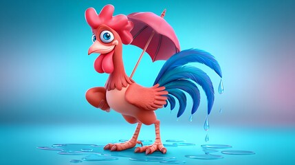 Playful Cartoon Rooster with Umbrella in Rainy Scene