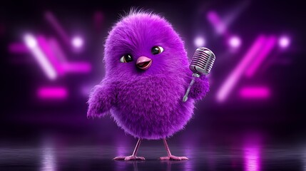 Purple Fluffy Chick Singing on Stage with Pink Lights