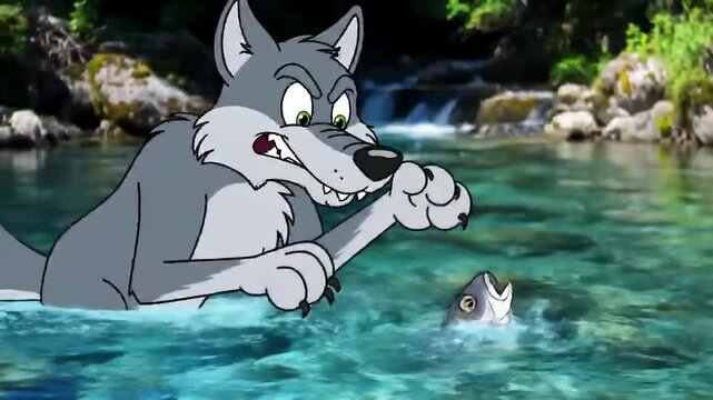 Animated wolf trying to catch fish in river illustration