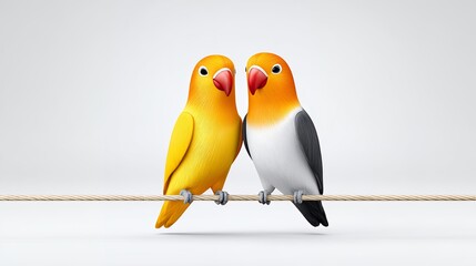 Two Lovebirds Perched on a Rope Against a White Background