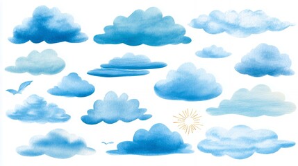 Watercolor Blue Clouds Collection, Sky Painting, Nature Design Elements