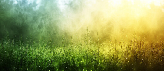 Misty sunrise over grassy field, trees in background
