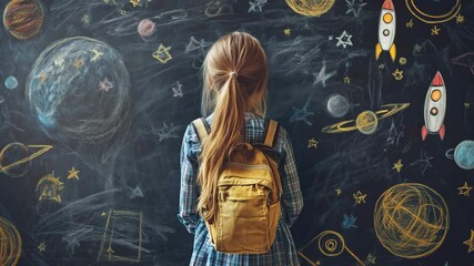 A child observes colorful chalk drawings of planets and rockets on a classroom chalkboard while wearing a backpack - Powered by Adobe