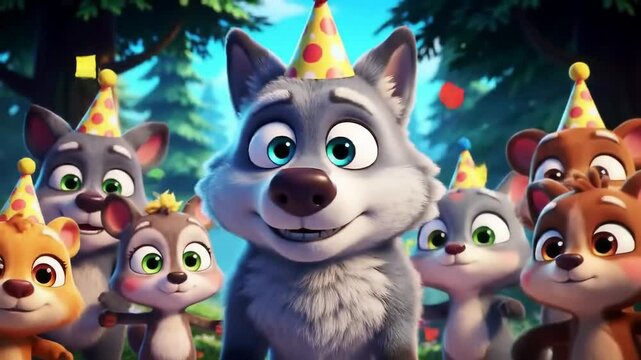 Animated woodland animals celebrating a festive event with confetti and party hats