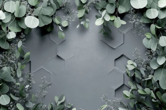 Fresh greenery arranged against a textured grey backdrop.