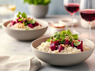 Colorful beet salad with cheese and a glass of red wine