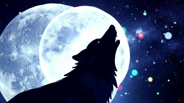 Artistic silhouette of a wolf howling at the moon with multiple moons and stars background