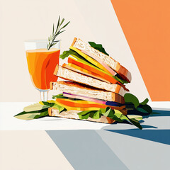 Colorful sandwich tower with fresh vegetables and a drink on a plate