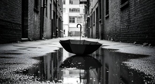 Fototapeta Melancholy Umbrella in a City Alleyway Puddle