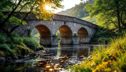 Sunlit historic stone bridge spans a tranquil river amid lush greenery.










