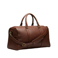 Brown leather duffel bag with shoulder strap isolated on transparent background