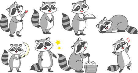 set of funny cartoon raccoon