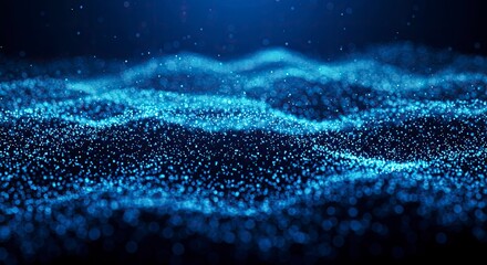 Abstract Blue Digital Particle Wave Background with Glowing Dots and Smooth Curves