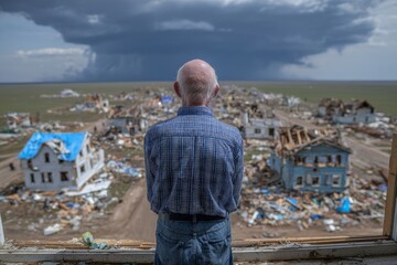 Fototapeta na wymiar The forlorn figure of a man on a demolished house serves as a poignant reminder of the devastating impact of military conflicts and natural disasters on individuals and communities