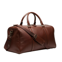 Naklejka premium Brown leather duffel bag with shoulder strap isolated on transparent background