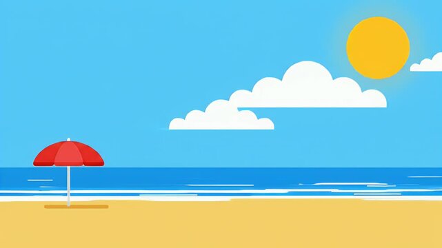Beach scene illustration with red umbrella and sunny sky flat design vector illustration