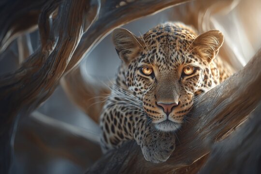 Kruger National Park in South Africa is home to this Panthera pardus leopard, which is sitting in a tree