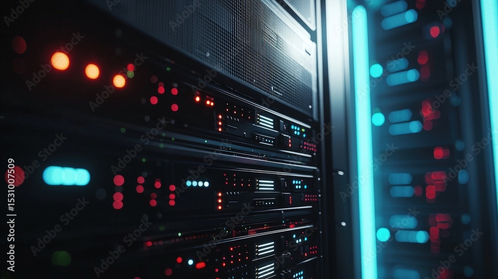 Leinwandbilder Close-up view of active computer servers with glowing red and blue indicators, representing modern data center operations, secure infrastructure, and real-time digital communication systems